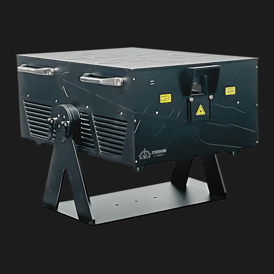 Outdoor laser light projector casting colorful beams