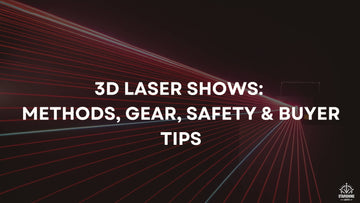 Aerial 3D laser show—liquid sky beams over water-based haze with RGB projector