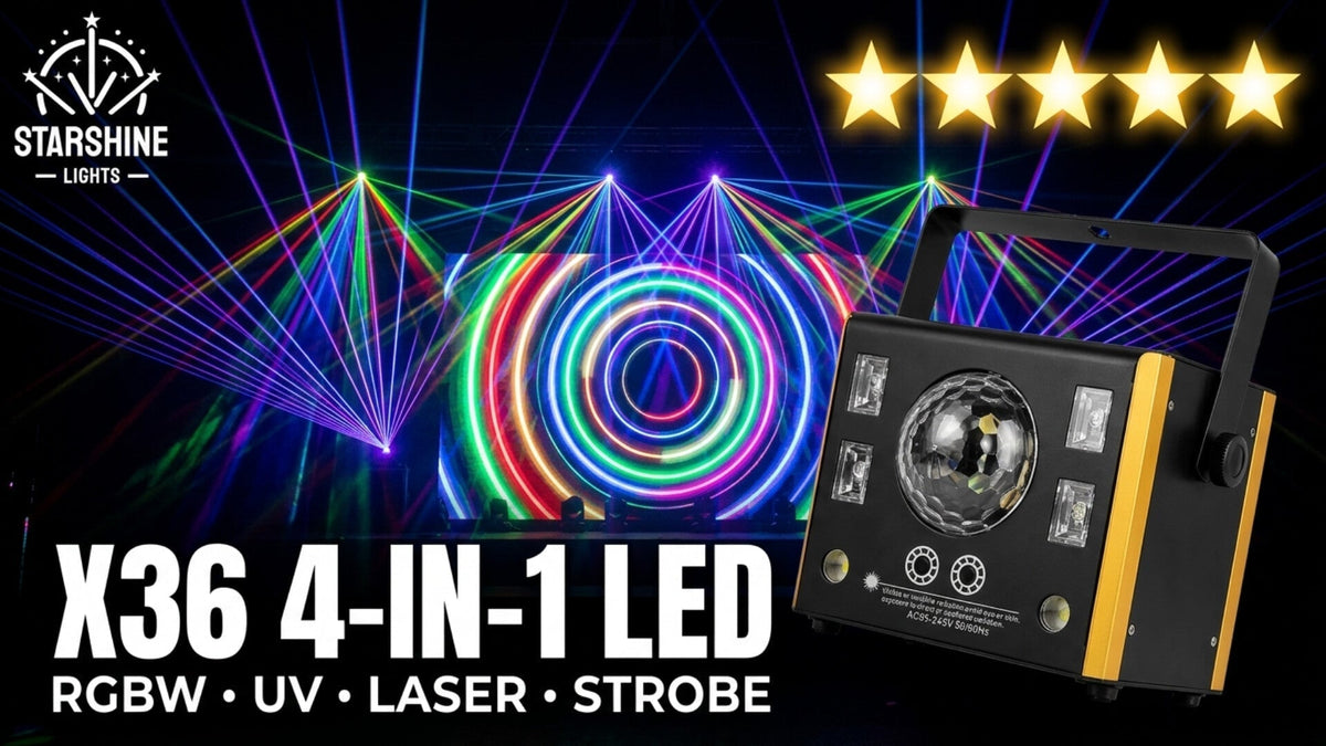 4-in-1 LED Party Light Guide: RGBW, UV, Laser & DMX