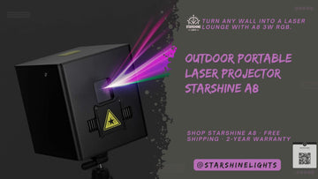 Starshine A8 portable laser projector 3W RGB turning campsite tents and backyard trees into a cinematic laser light show