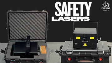 Stage laser light projector mounted high with safe beam angle