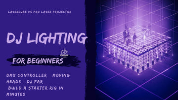 DJ Lighting for Beginners” showing a DMX light controller, two moving head lights, and DJ PAR lights.
