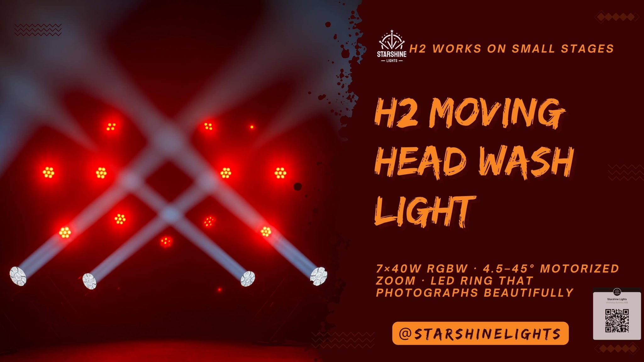 H2 moving head wash light on a small stage—7×40W RGBW, 4.5–45° motorized zoom, LED ring for photo-friendly looks