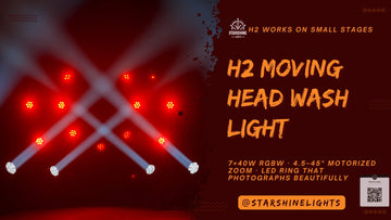 H2 moving head wash light on a small stage—7×40W RGBW, 4.5–45° motorized zoom, LED ring for photo-friendly looks