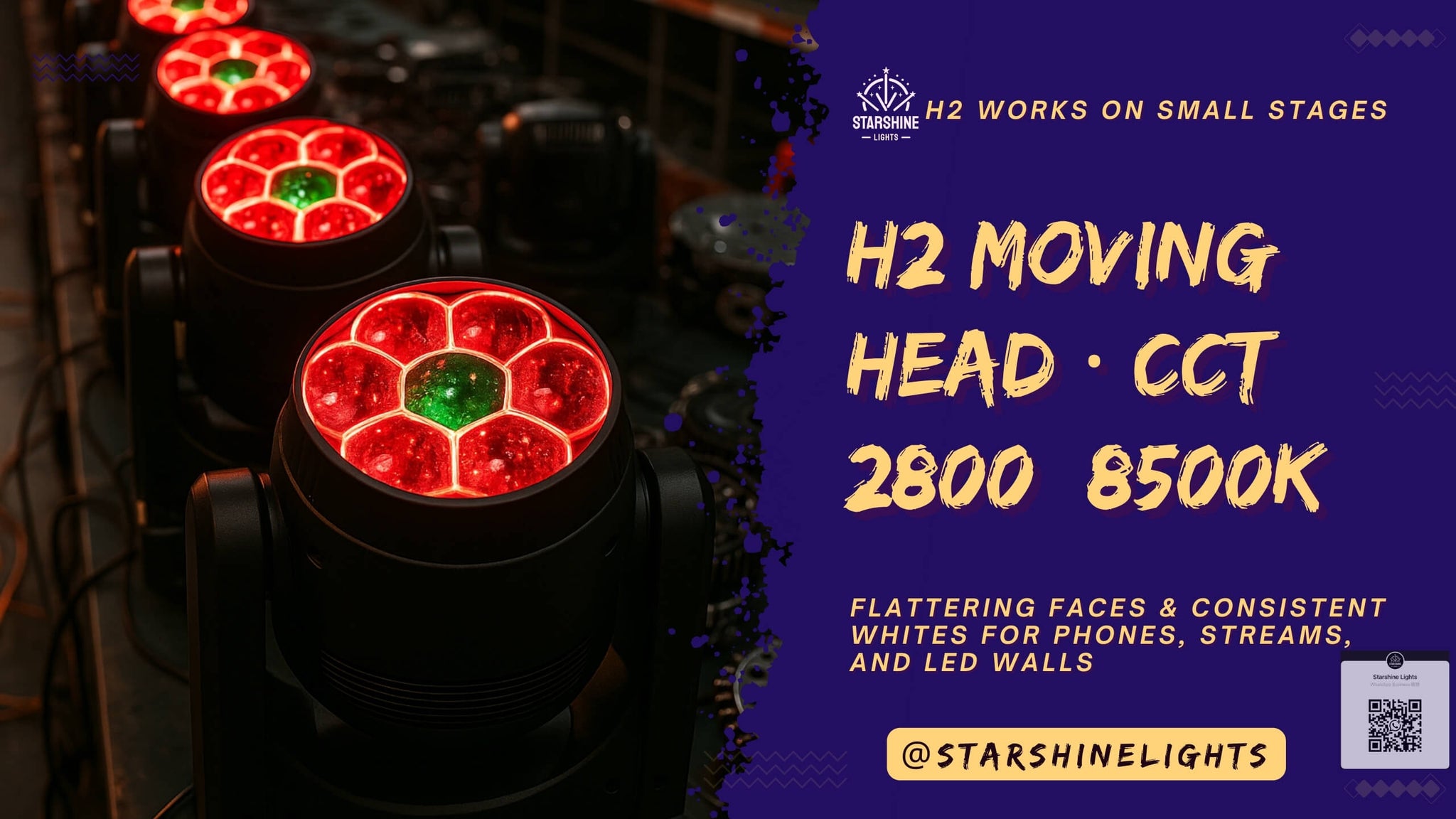 Camera-ready color with H2 moving head—CCT 2800–8500K for flattering faces and consistent whites on phones and livestreams