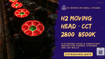 Camera-ready color with H2 moving head—CCT 2800–8500K for flattering faces and consistent whites on phones and livestreams