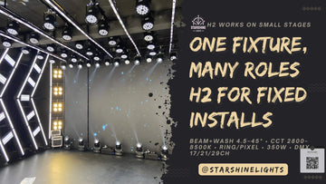 H2 moving head stage light for fixed installs—beam & wash (4.5–45° zoom), CCT 2800–8500K, ring/pixel effects, 350W, DMX 17/21/29ch.