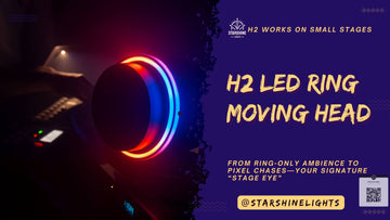 H2 LED ring moving head hero poster—ring-only ambience to pixel chases, signature “stage eye” look