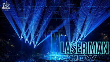 Laser mirror dance Mirror Man show on stage with sharp laser beams