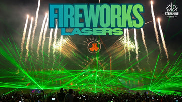 Laser beams with fireworks smoke outdoors