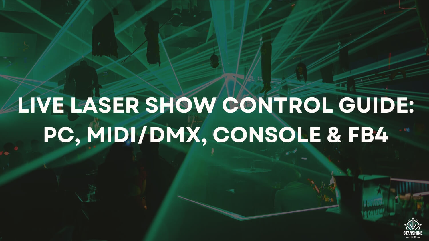 Live laser show beam fans in a small club with haze