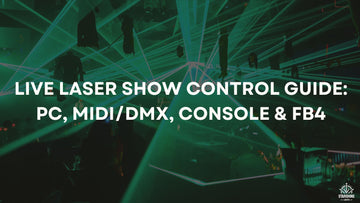 Live laser show beam fans in a small club with haze