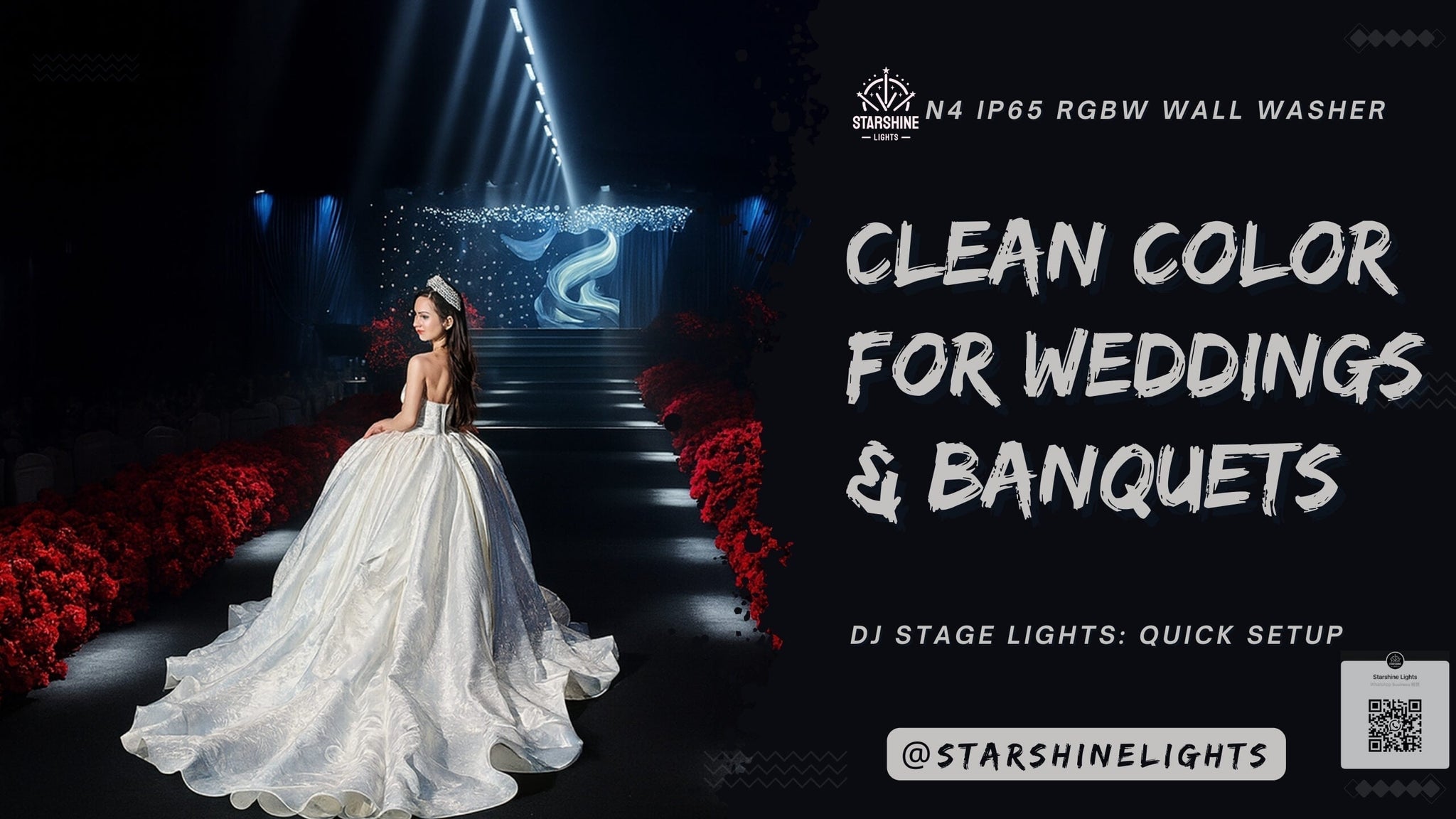 N4 IP65 RGBW wall washer lighting a wedding backdrop—clean color, 1 m LED wash bar, waterproof for outdoor use