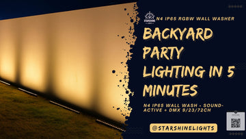 N4 IP65 outdoor wall wash light powering a backyard party—1 m LED wash bar, sound-active + DMX 9/23/72ch.
