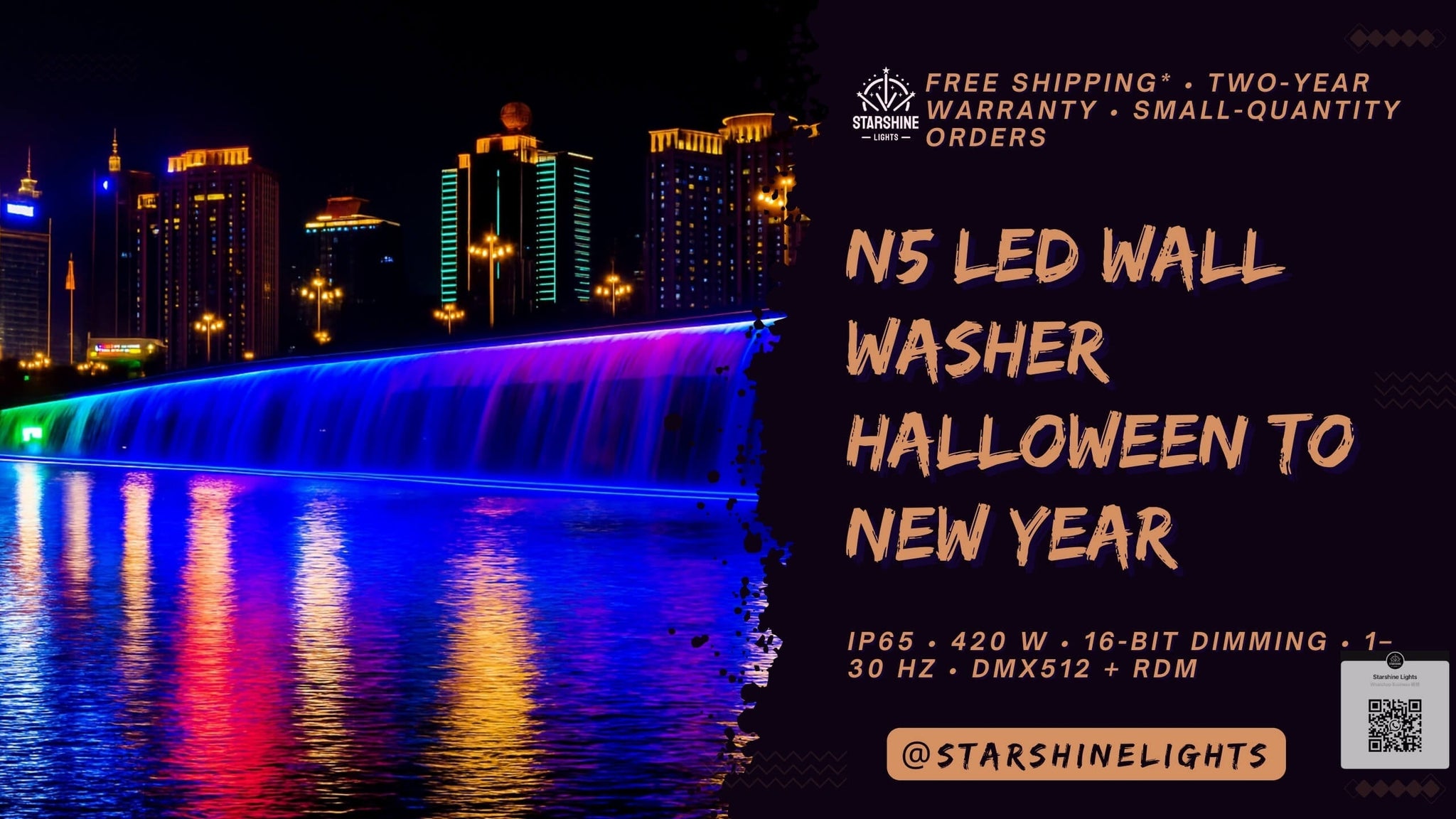 N5 holiday wall washer—IP65, 420 W, 16-bit, 1–30 Hz, DMX/RDM.