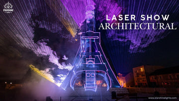 Architectural laser lighting with skyline beams from rooftop