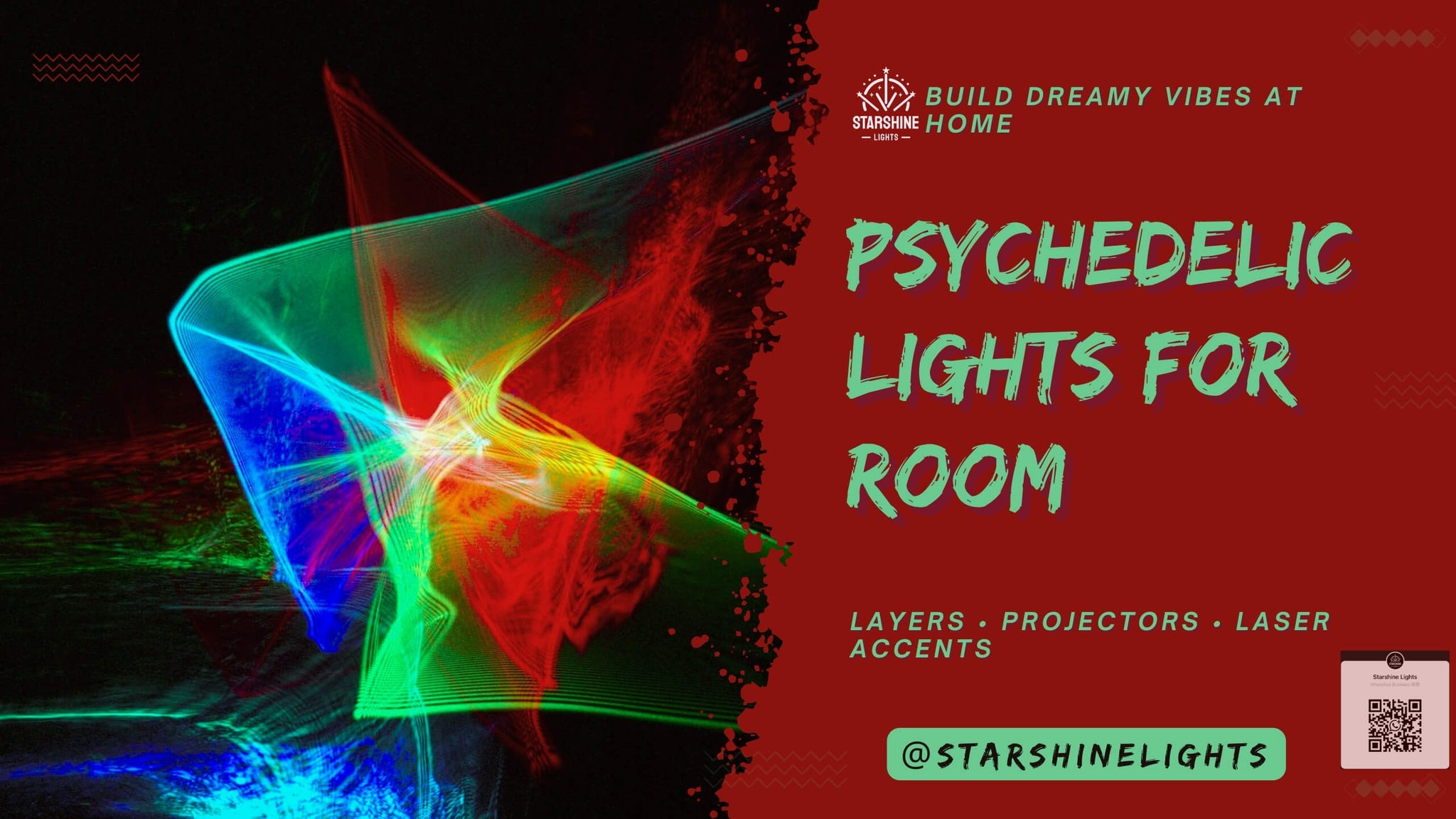 Psychedelic lights for room guide with layers projectors and laser accents