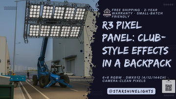 R3 Pixel Panel 6×6 RGBW LED matrix for DJs and creators—backpack-friendly 50×50×12 cm, DMX512 4/12/144ch, free shipping, 2-year warranty.