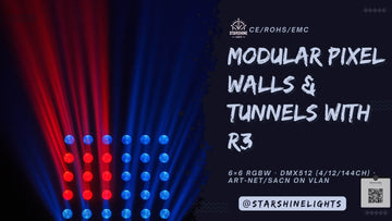 R3 integration blueprint—modular pixel walls and tunnels with 6×6 RGBW panels; DMX512 4/12/144ch, Art-Net/sACN on VLAN, 300 W per head, CE/RoHS/EMC.