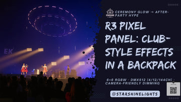 R3 wedding lighting—ceremony glow to after-party hype; 6×6 RGBW, DMX512 4/12/144ch, 50×50×12 cm, free shipping and 2-year warranty.