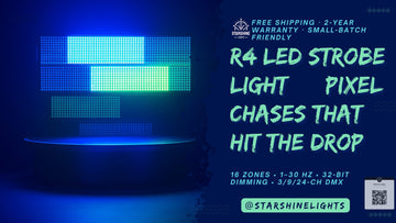R4 club strobe—16 zones, 1–30 Hz, 32-bit dimming.