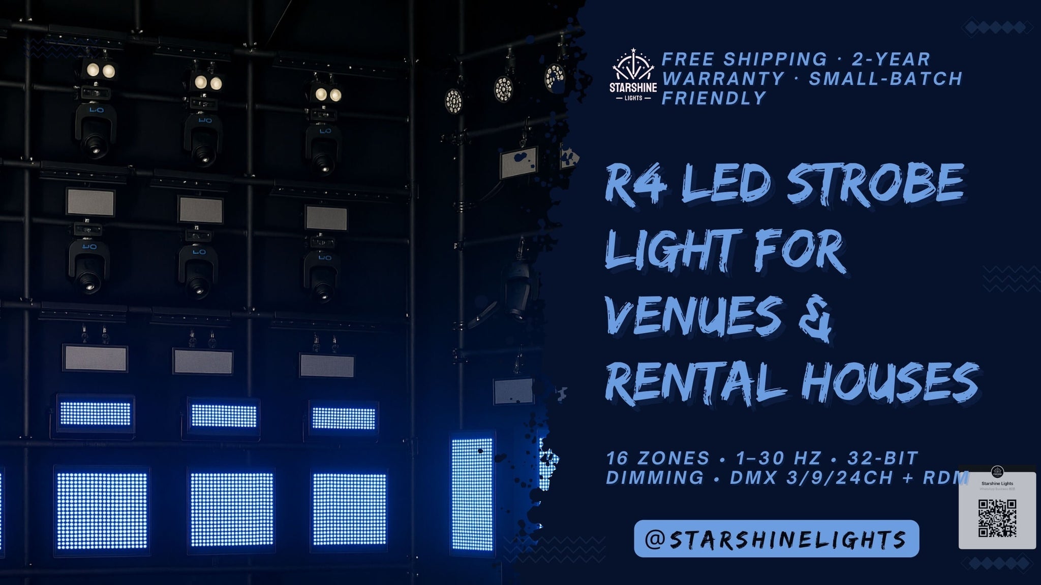 R4 venue/rental strobe—16 zones, 1–30 Hz, 32-bit, DMX/RDM.