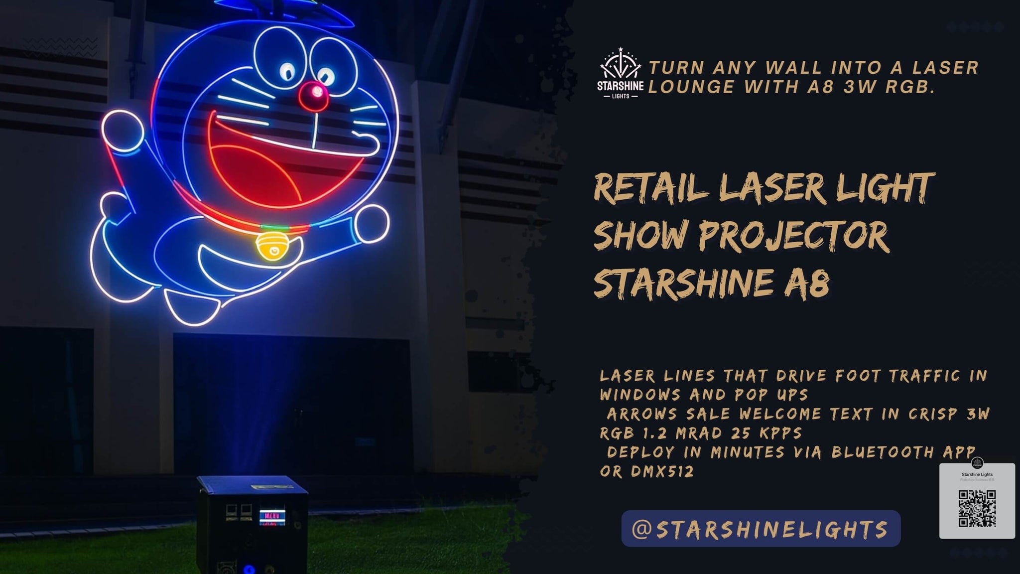 Starshine A8 retail laser projector DMX512 3W RGB projecting SALE WELCOME arrows in window display with 1.2 mrad beams and 25 Kpps scanning