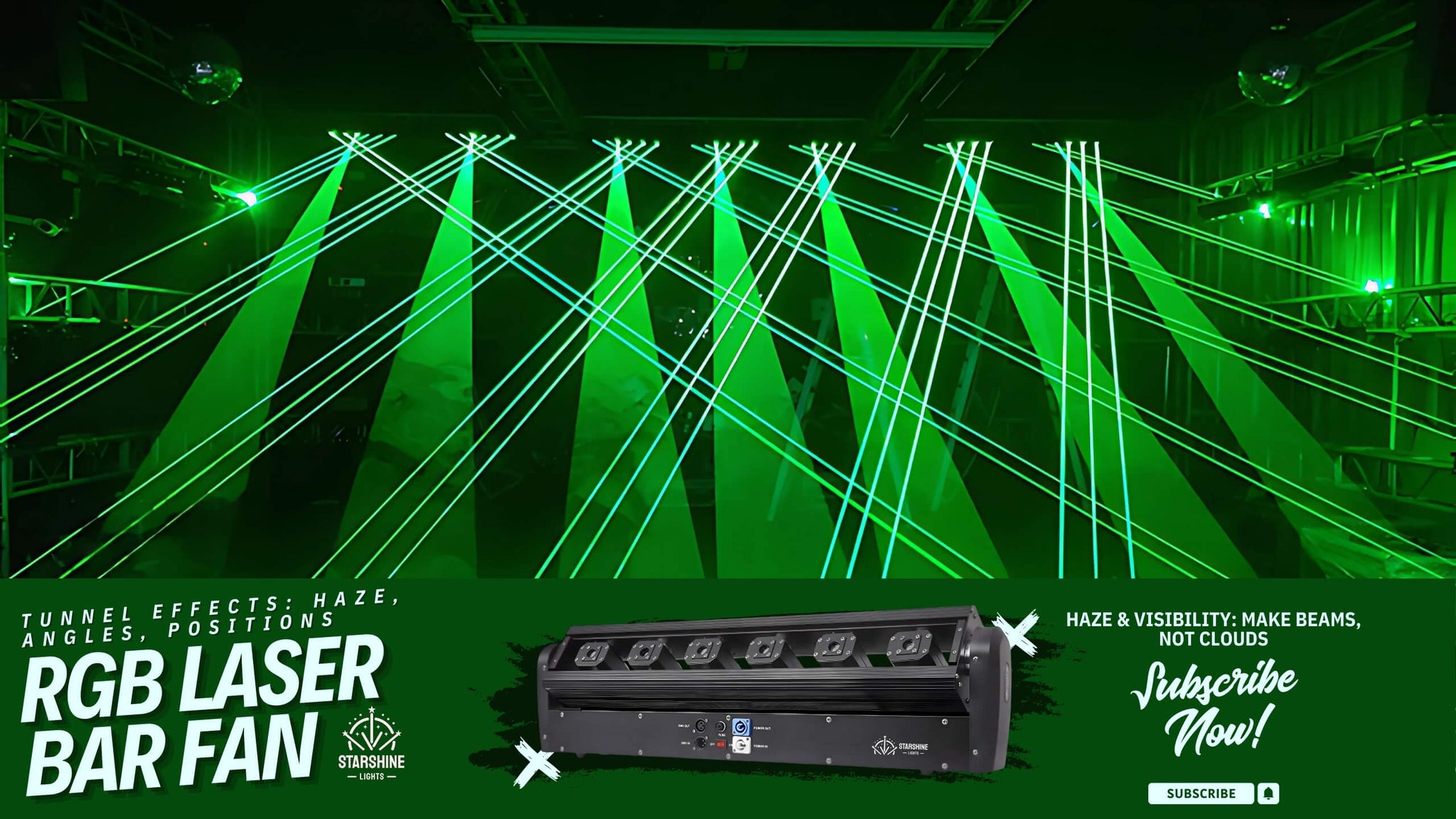 RGB laser bar fan beams framing the DJ booth