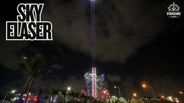 Sky laser light over skyline with ultra-bright single beam