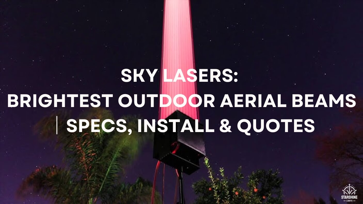 Sky laser aerial beams over city skyline at night