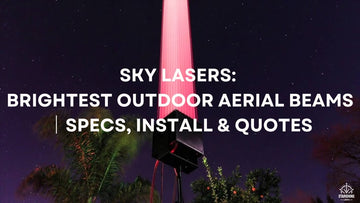 Sky laser aerial beams over city skyline at night