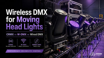 Wireless DMX moving head lights on stage truss