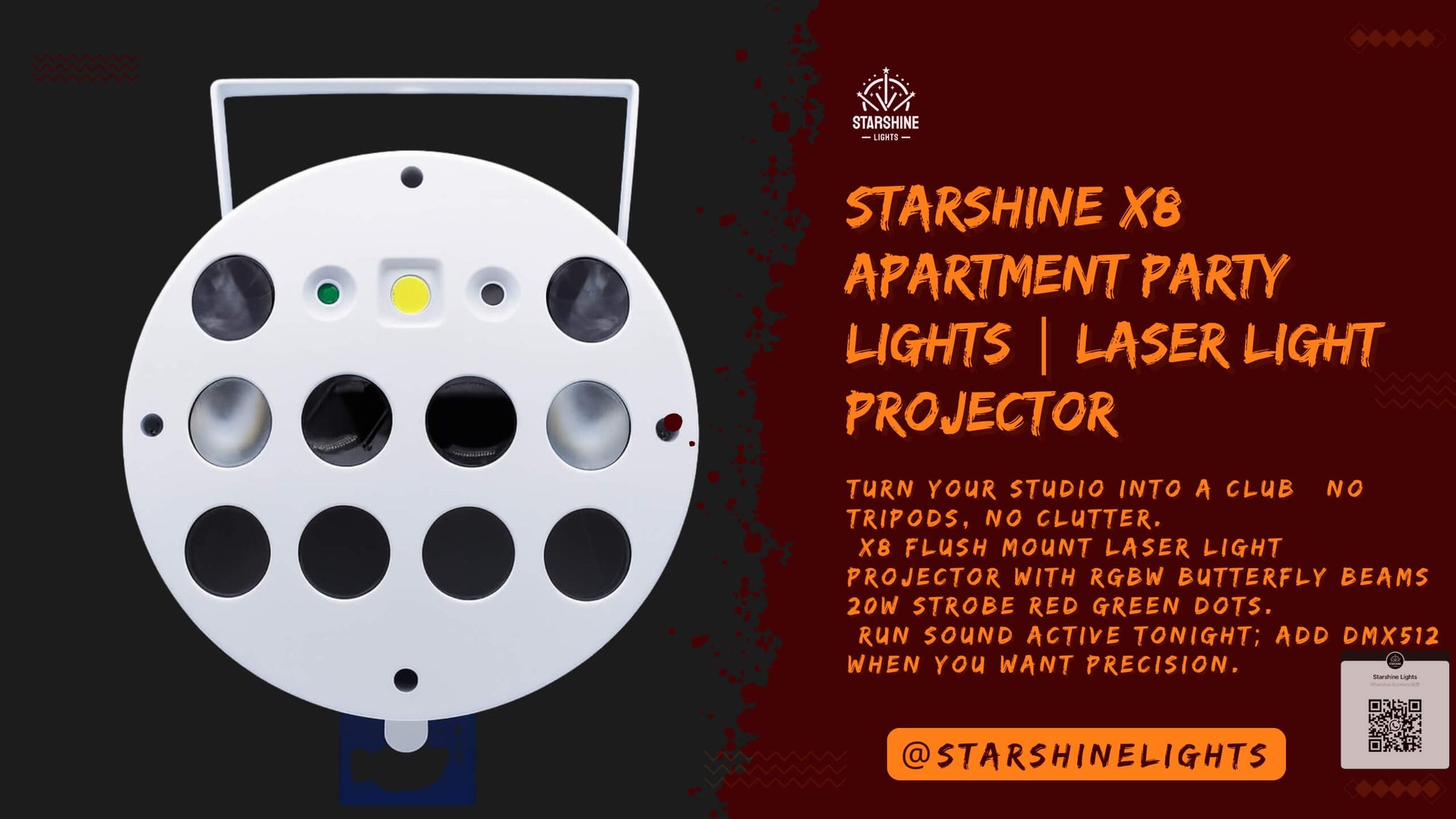 Starshine X8 apartment party lights flush mount embedded ceiling laser light projector RGBW butterfly beams 20W strobe red green dots