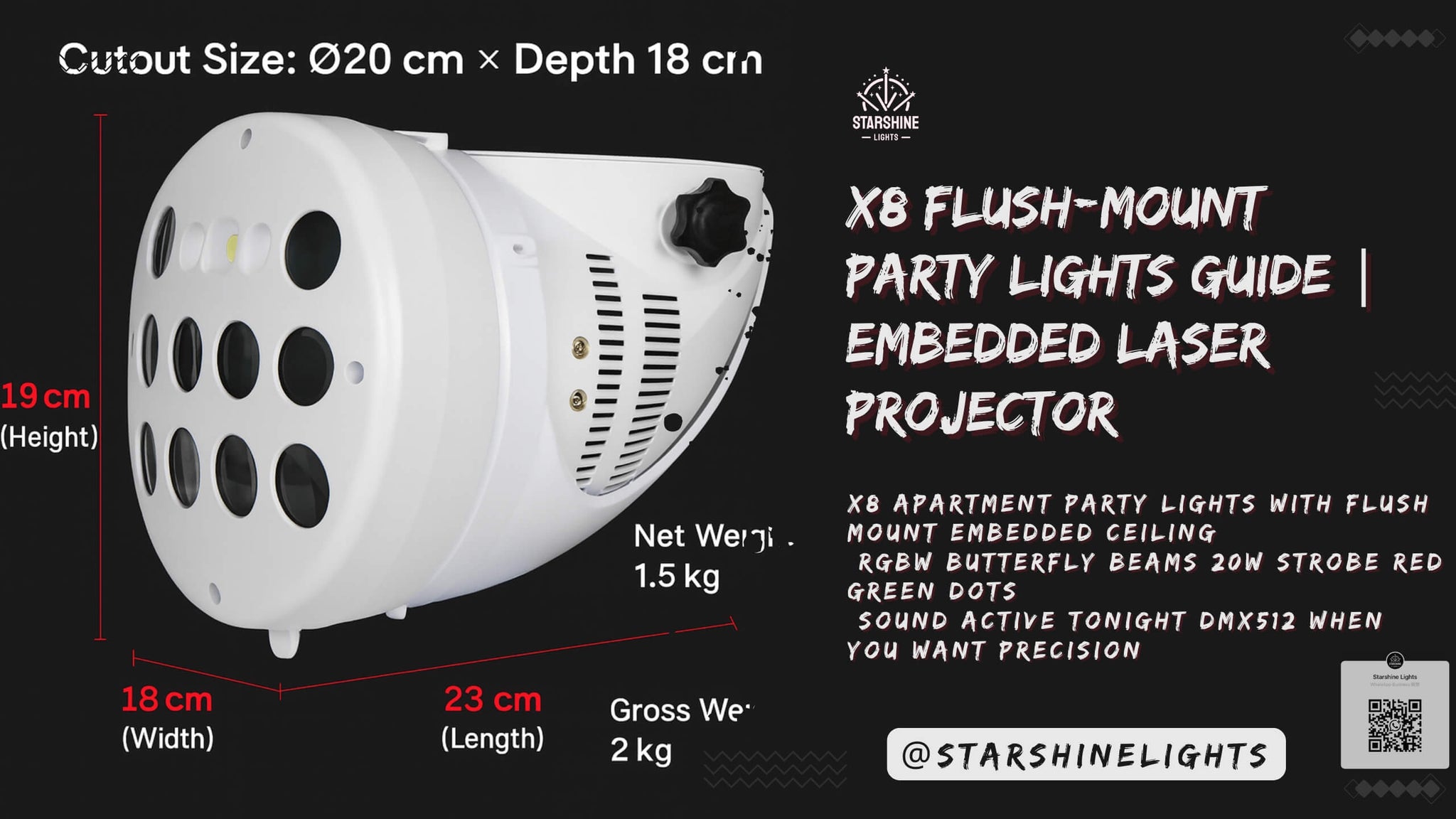 Starshine X8 apartment party lights flush mount embedded ceiling laser light projector RGBW butterfly beams 20W strobe red green dots