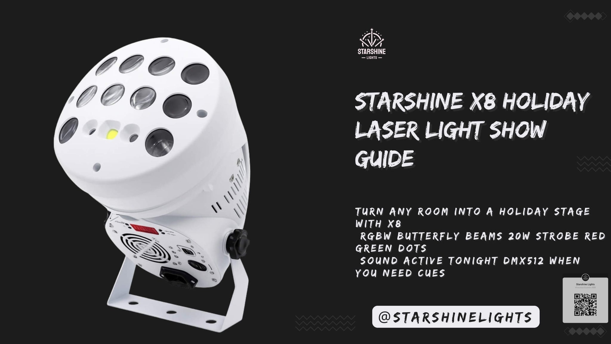 X8 flush mount embedded ceiling laser light projector RGBW butterfly beams 20W strobe red green laser dots holiday party lights Sound Active DMX512