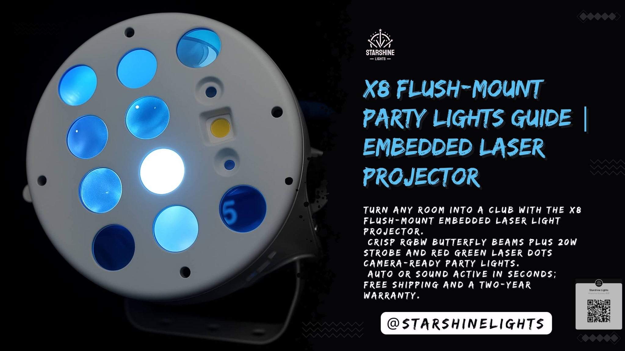 X8 embedded flush mount laser light projector RGBW butterfly beams 20W strobe red green laser dots turning living room ceiling into a club