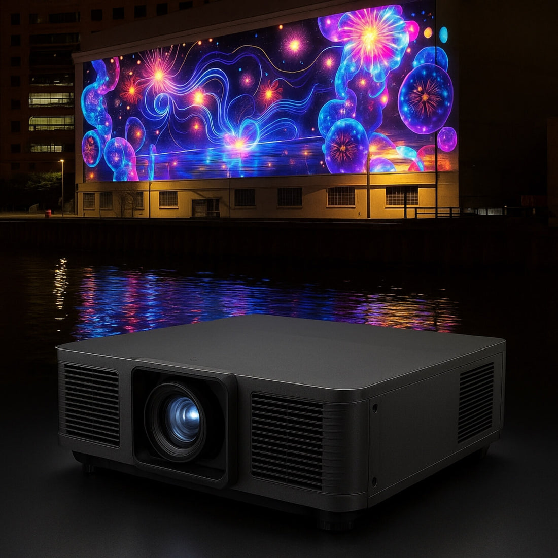 16,000 lumen projector illuminating wide wall, night-time outdoor mapping scene