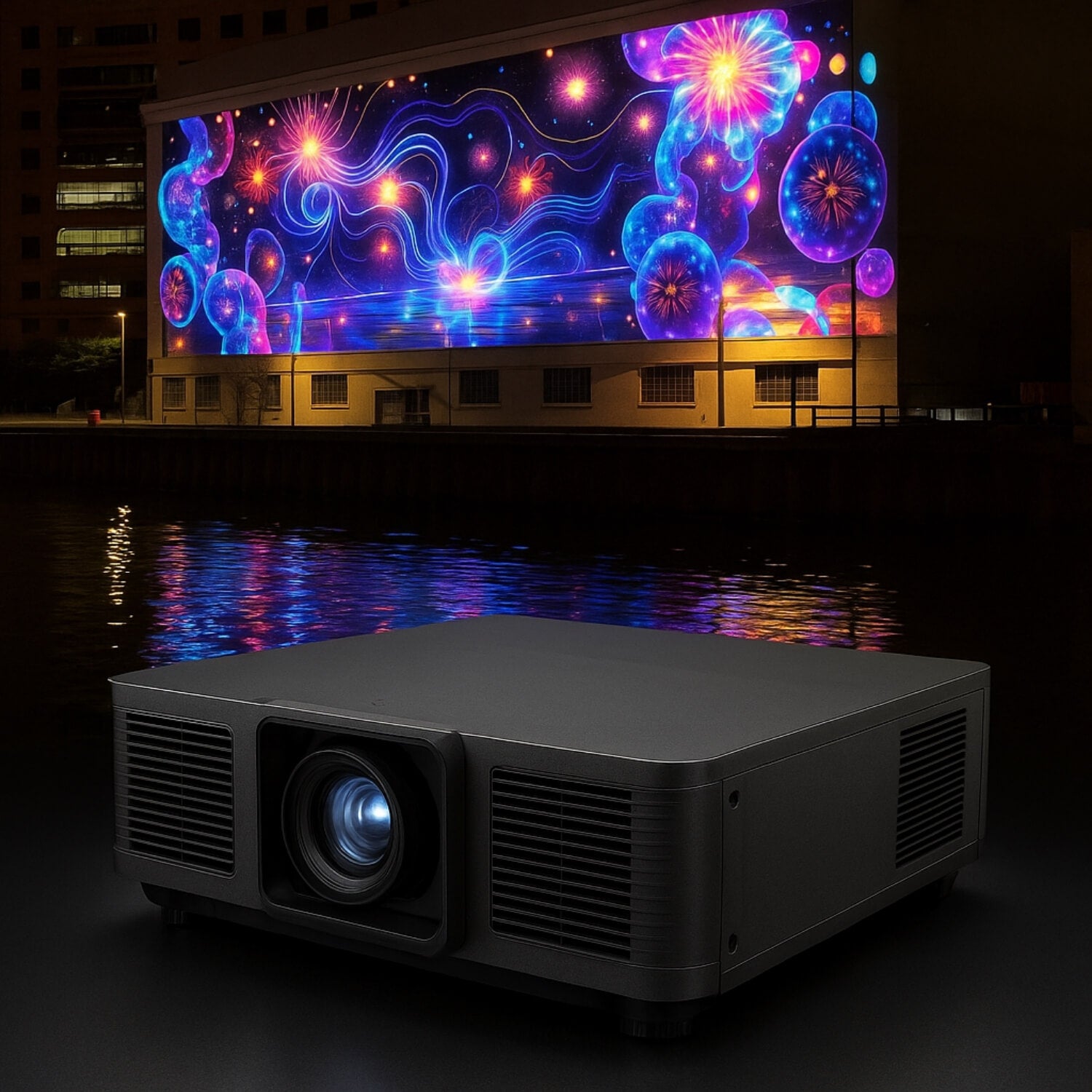 16,000 lumen projector illuminating wide wall, night-time outdoor mapping scene