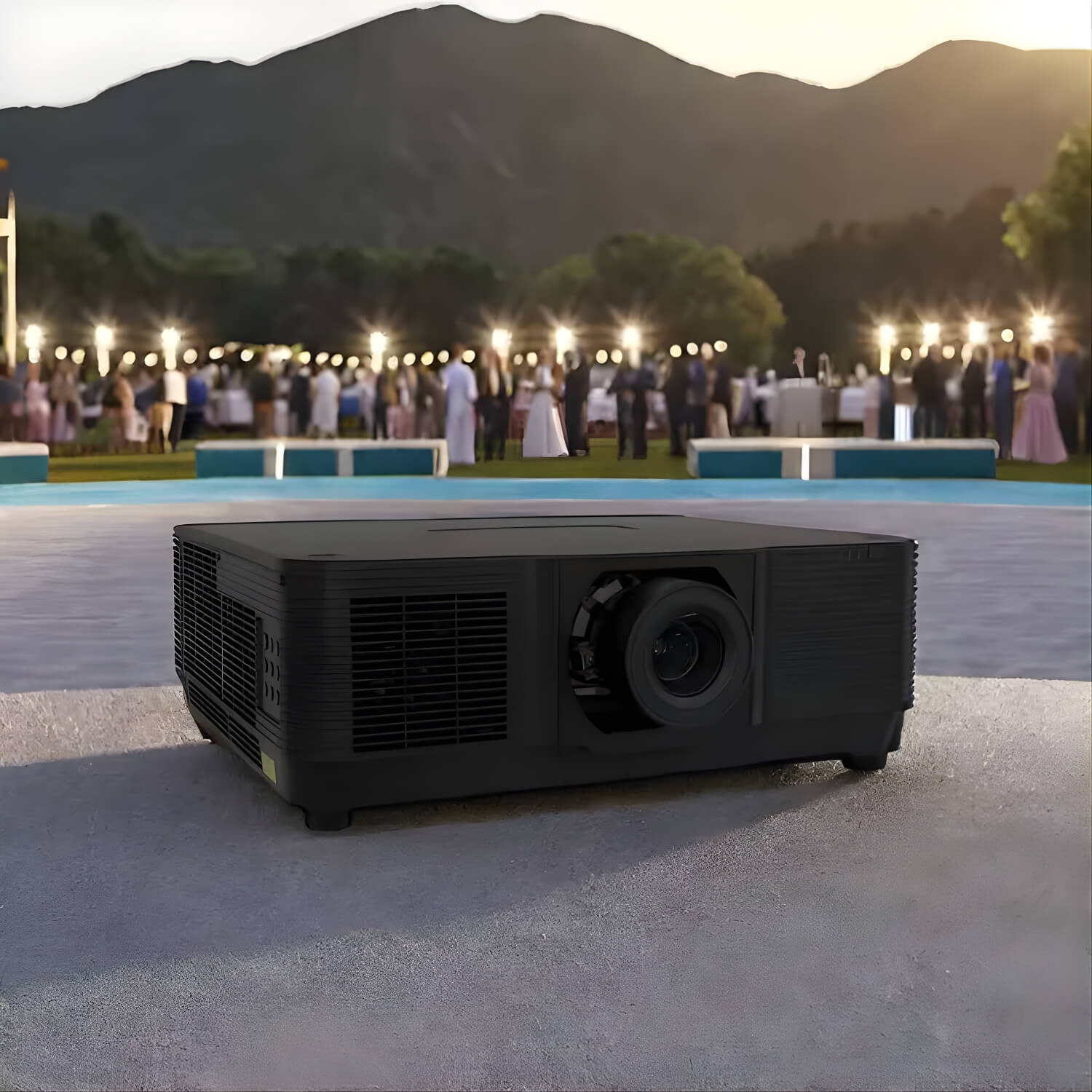 Short throw laser projector on tight courtyard, lens shift & optical zoom demo