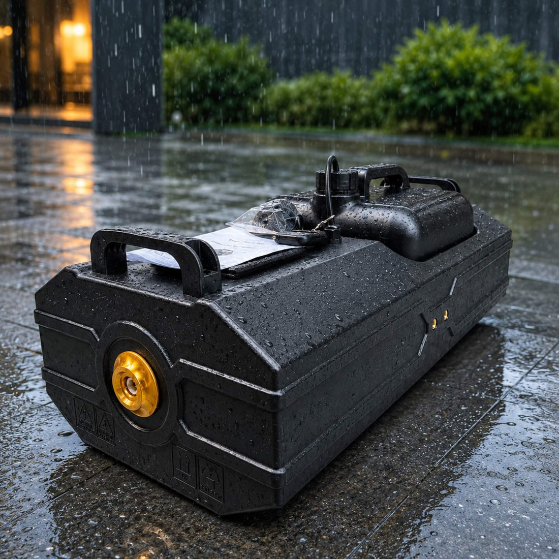 E11 fog machine operating in light rain