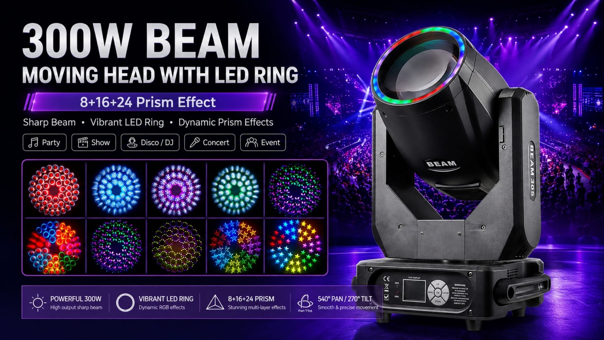 F15 300W LED moving head light with gobos and prism effects