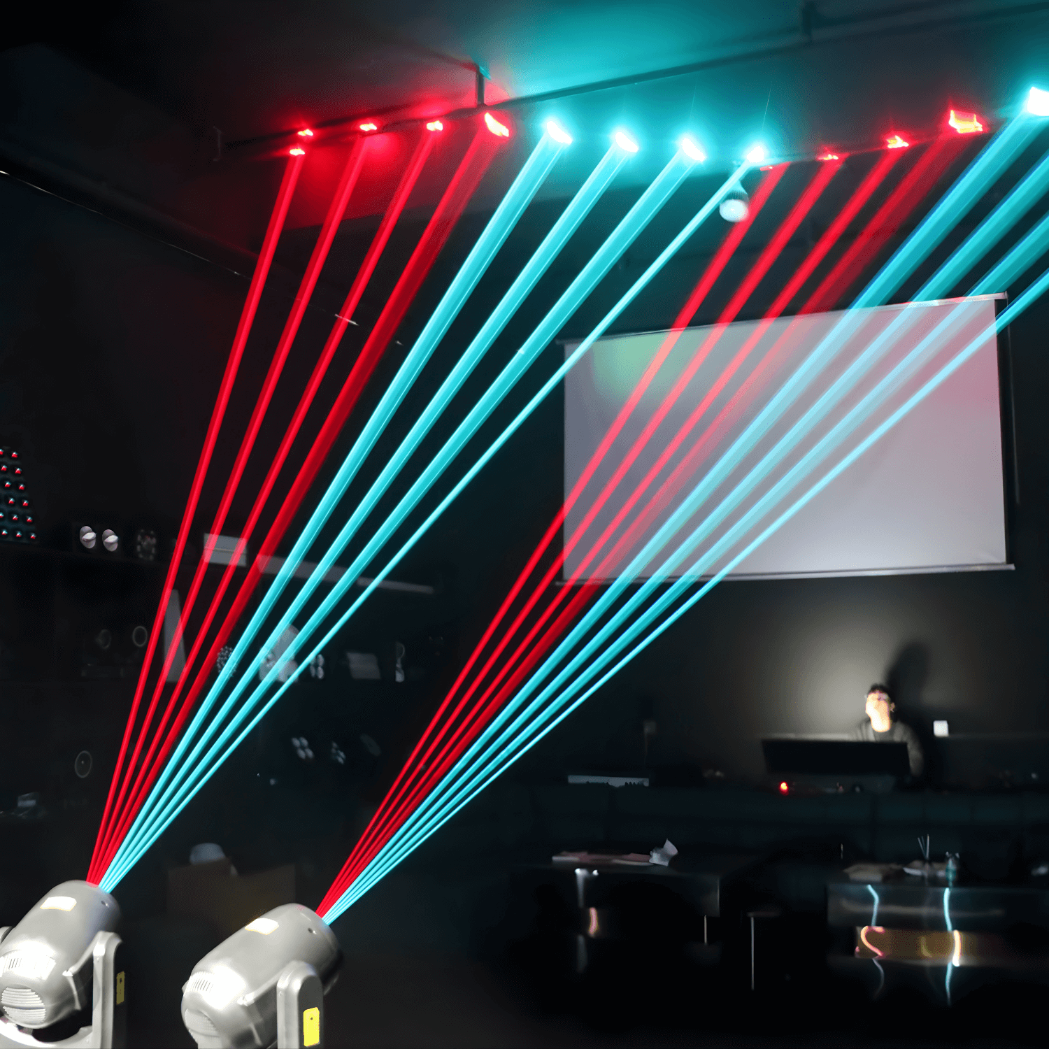 M20 RGB moving head laser beams forming triangles over dance floor