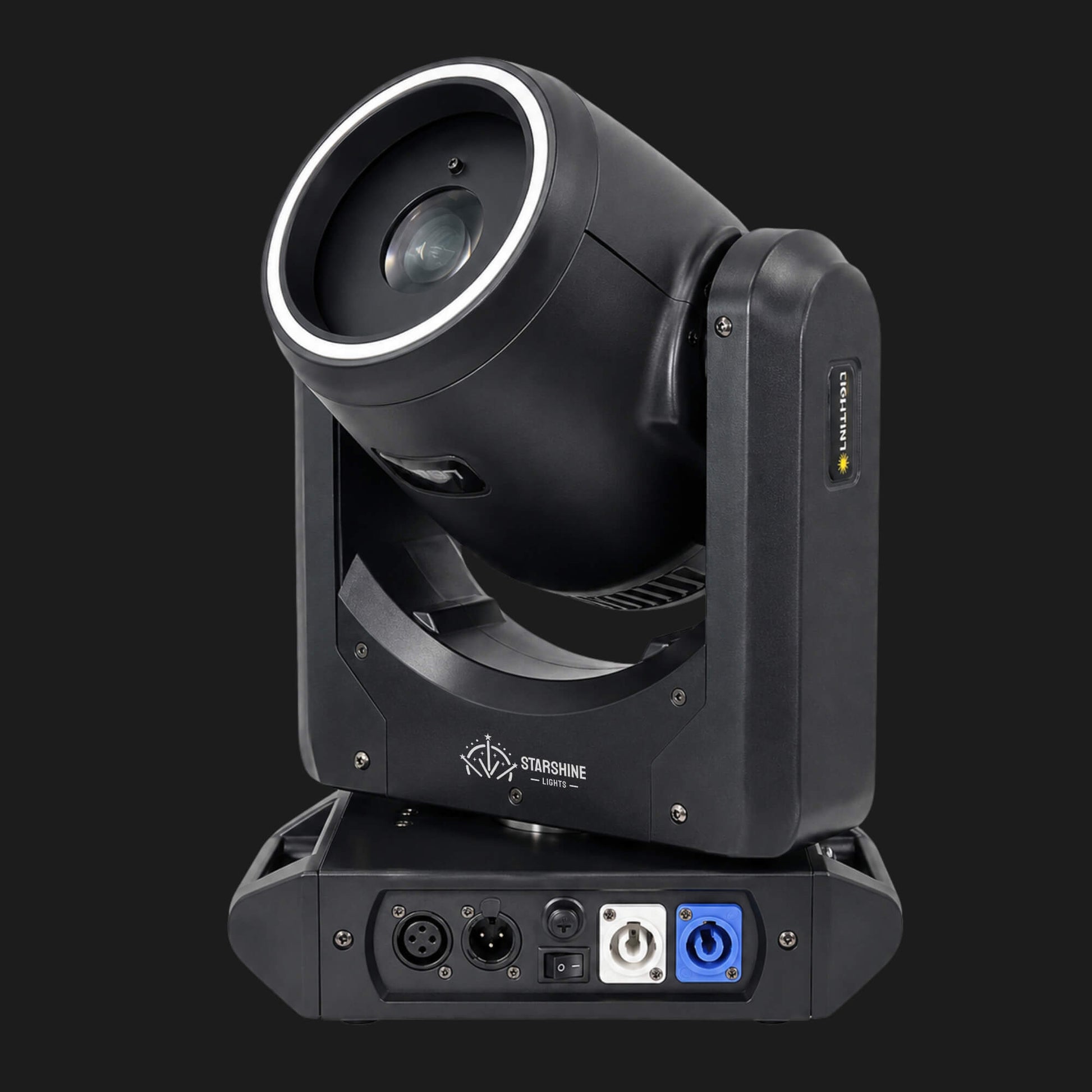 Moving head stage light with glowing front ring