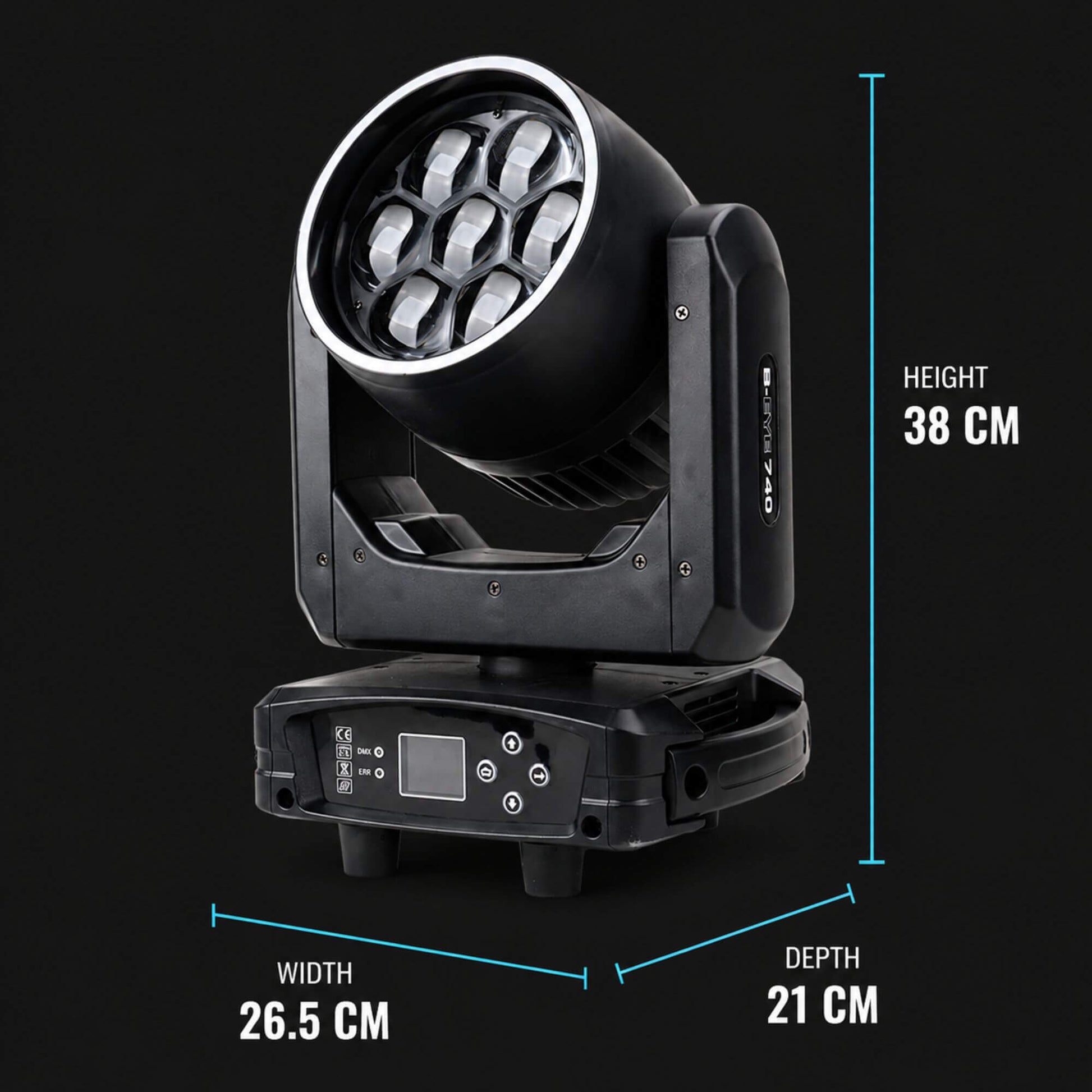 M25 moving head light dimensions 26.5 by 21 by 38 cm