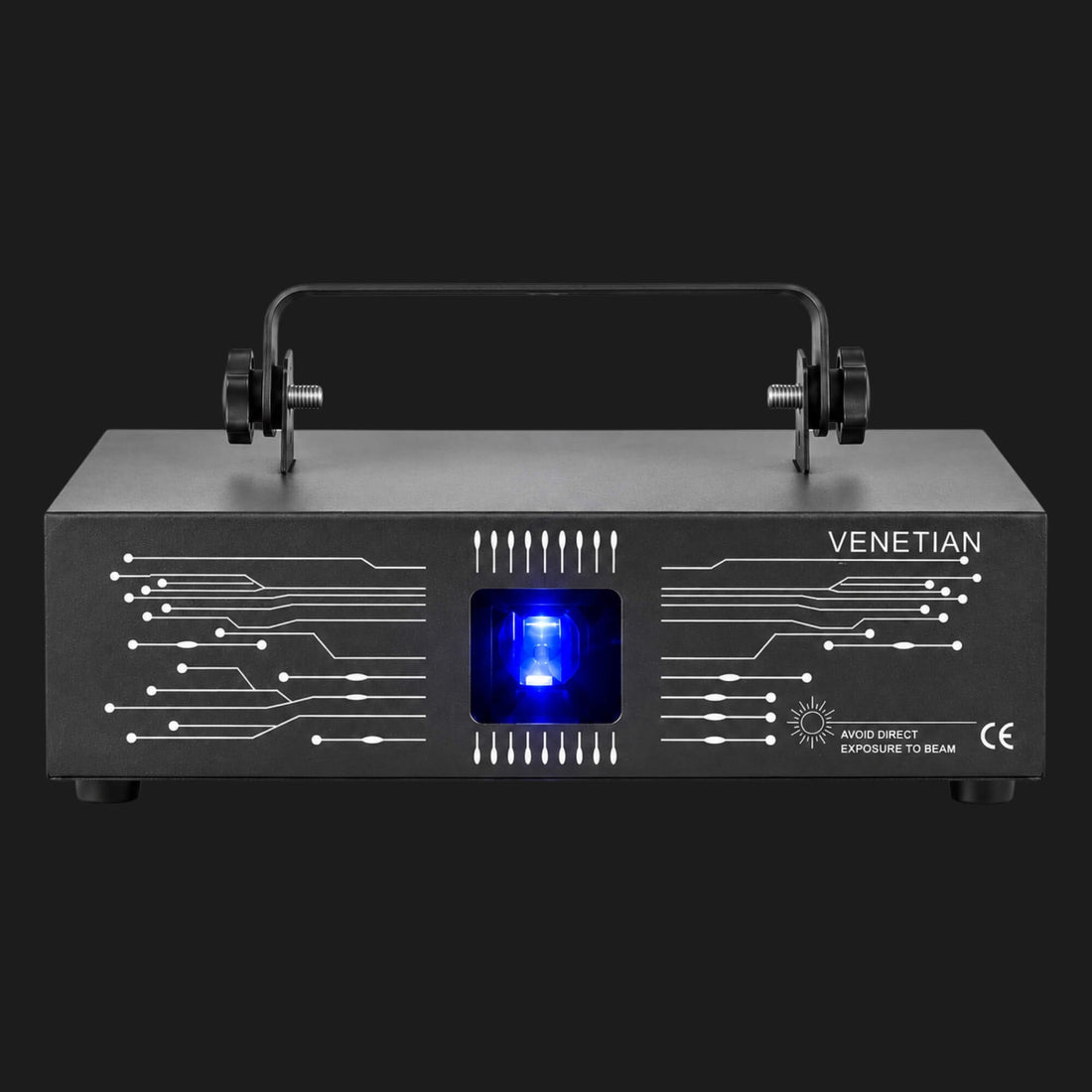 S2500 2.5W RGB DJ laser light in a black metal housing with mounting bracket, shown from the front.