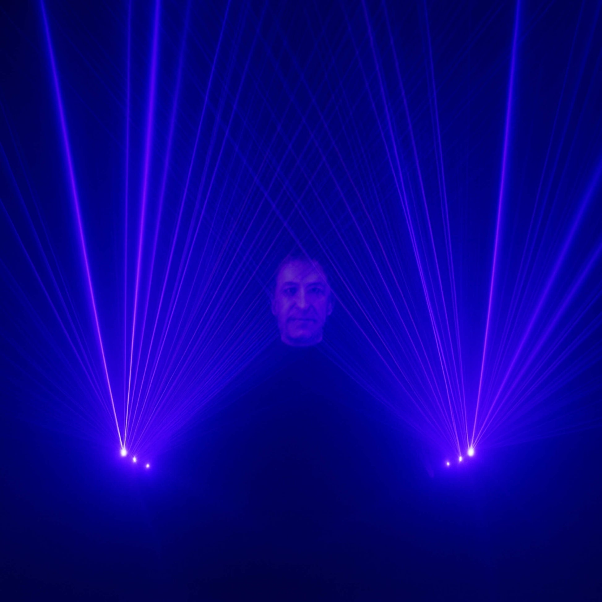 Beam gloves forming crossing lines for a rave DJ dance set