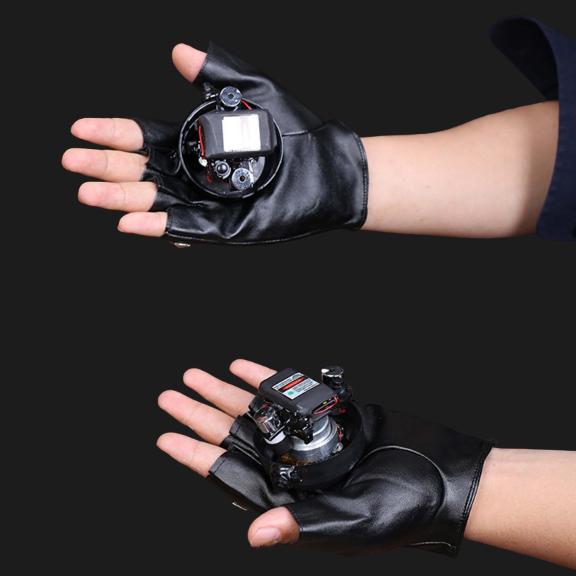 DJ laser gloves cueing on beat with palm-core red-green effect
