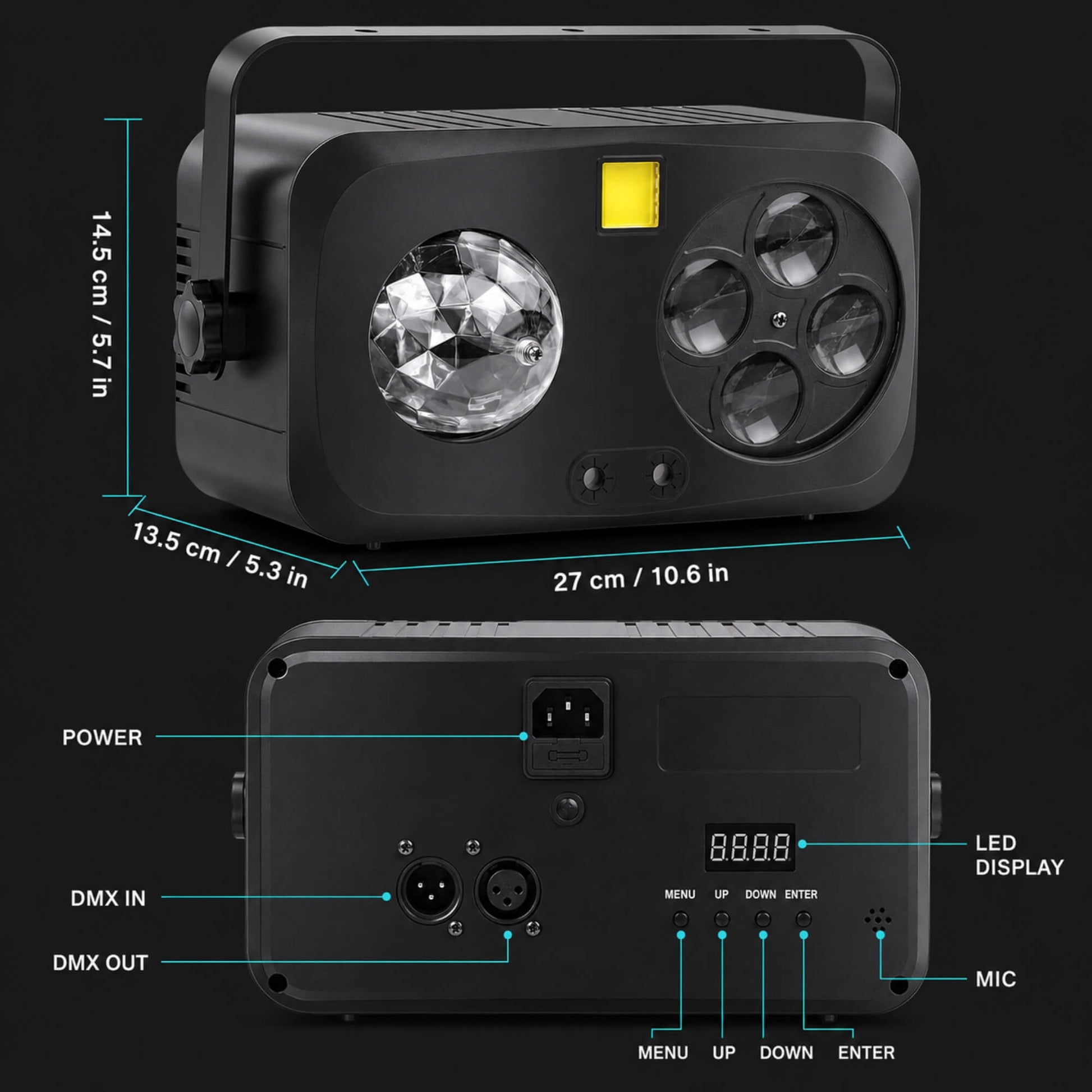 Party light projector with RGBW UV effects