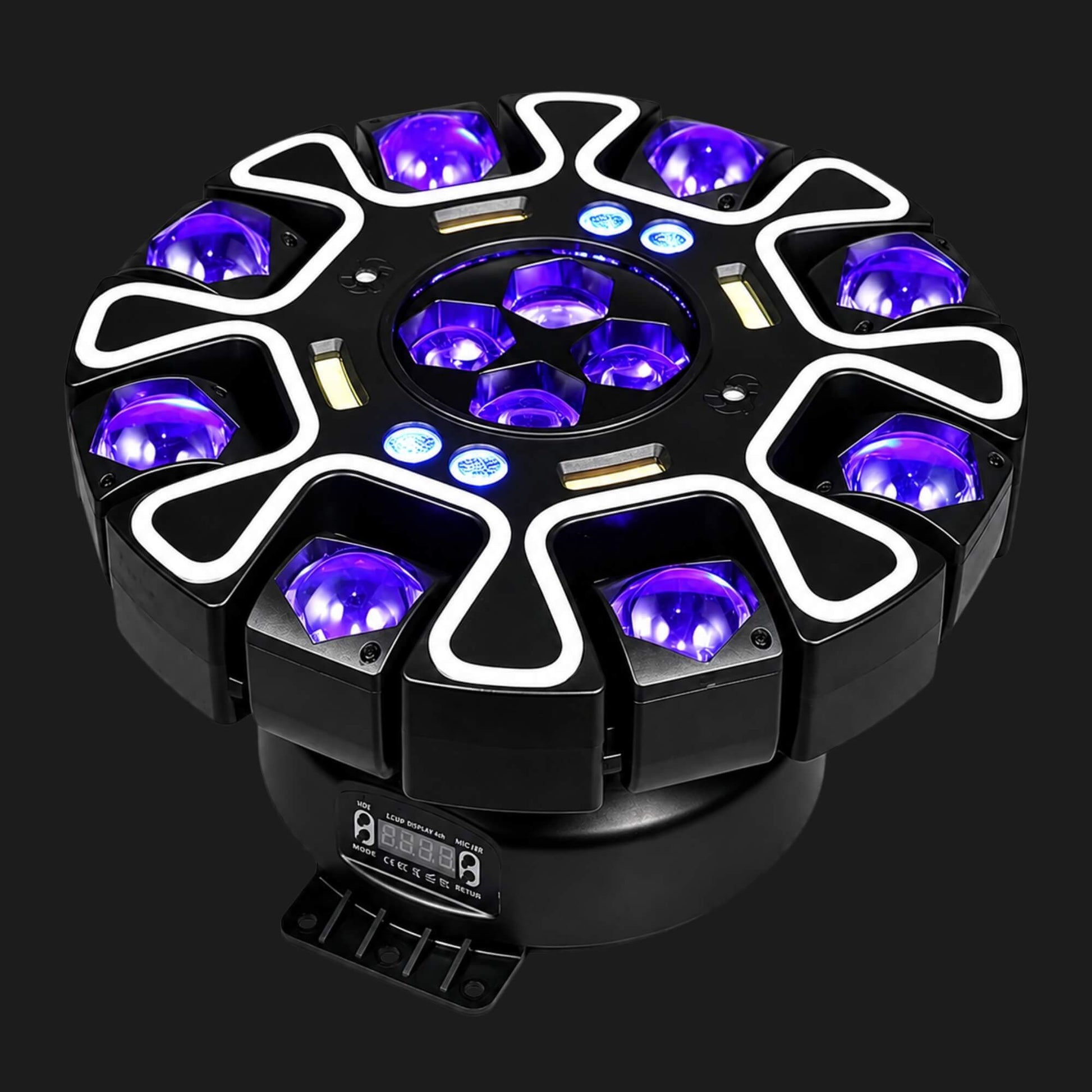 Purple LED stage light with glowing bee eye lenses