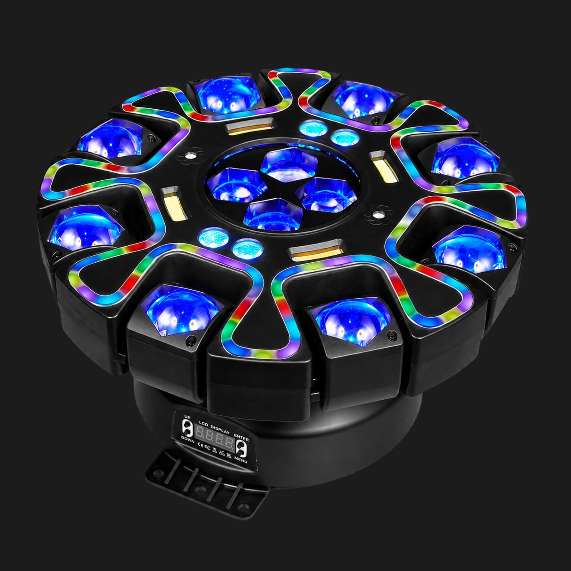 Top view of X23 bee eye stage lighting fixture in red mode